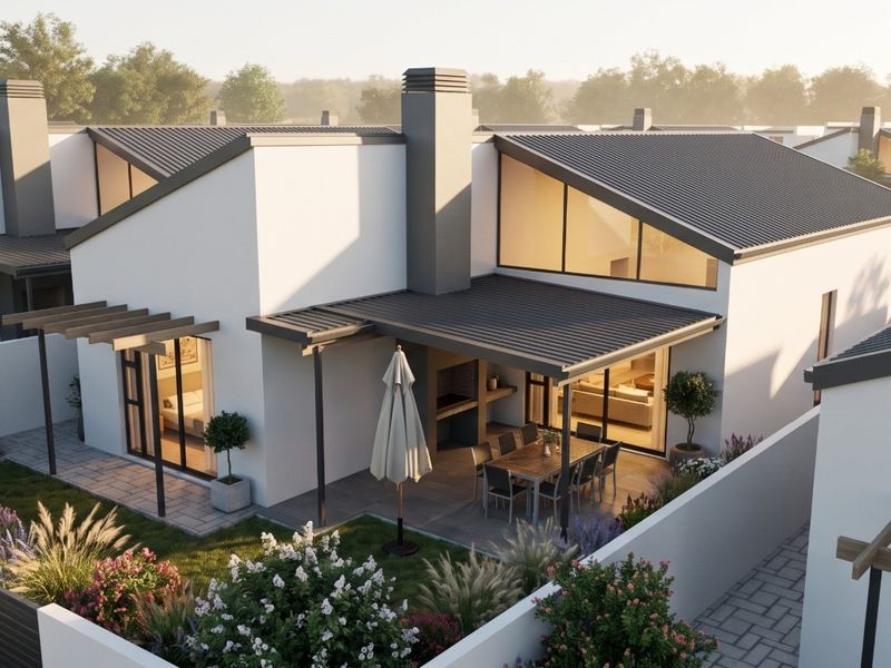 A modern townhouse rear elevation featuring a covered patio with a built-in braai, overlooking a landscaped garden and private courtyard area.