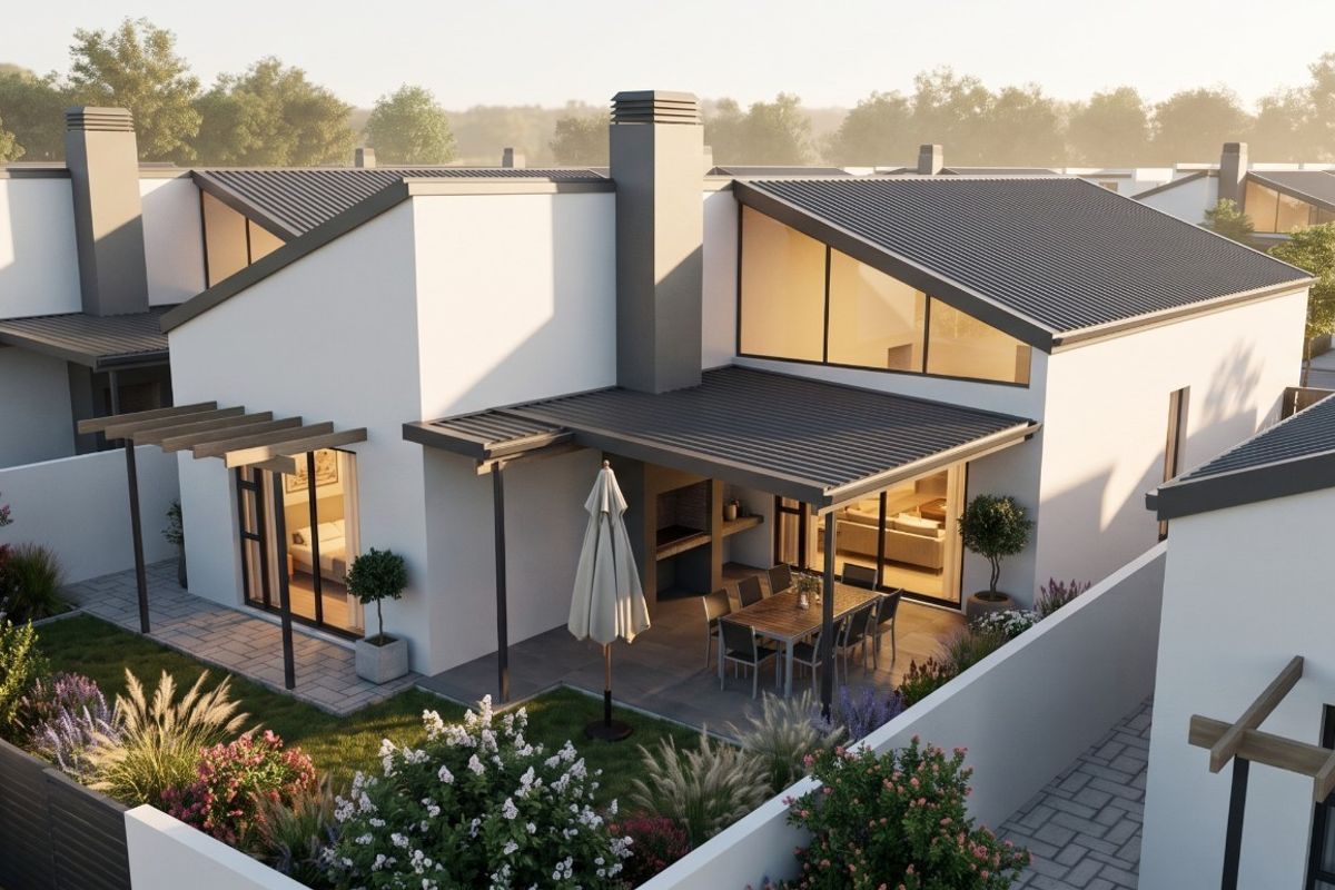 A modern townhouse rear elevation featuring a covered patio with a built-in braai, overlooking a landscaped garden and private courtyard area.