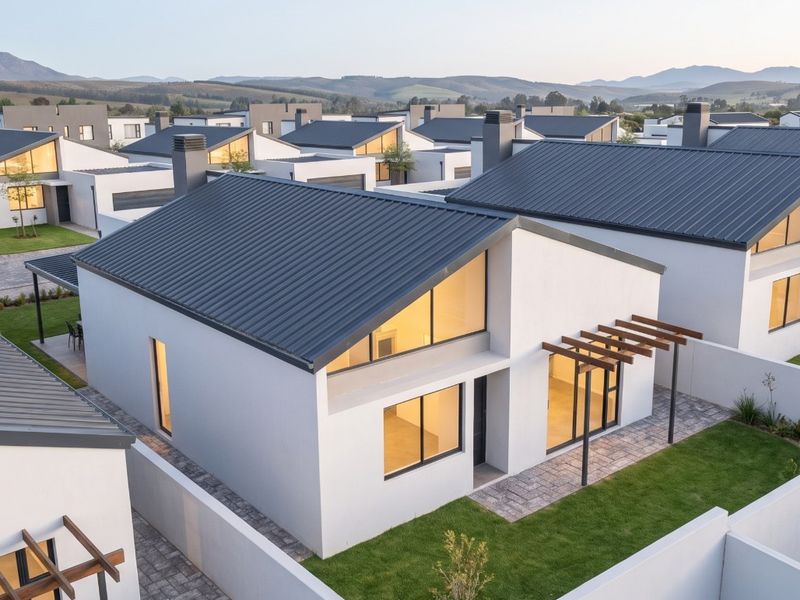 Aerial view of a modern townhouse complex featuring contemporary architecture, pitched metal roofs, private gardens, and paved patio areas within a secure estate.