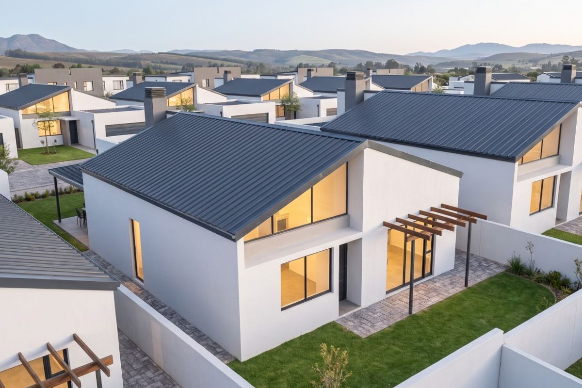 Aerial view of a modern townhouse complex featuring contemporary architecture, pitched metal roofs, private gardens, and paved patio areas within a secure estate.