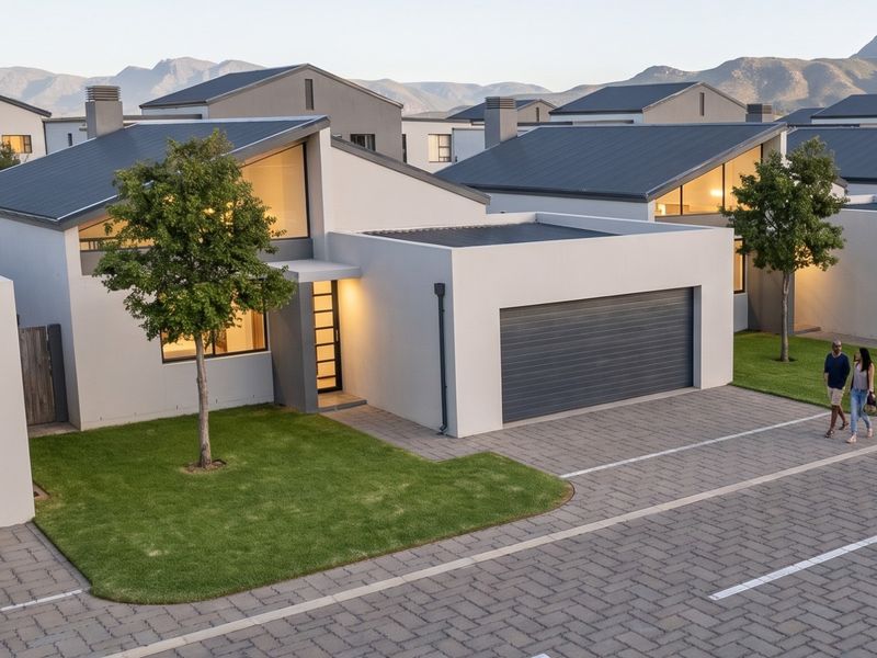 Modern townhouse exterior featuring a paved driveway, single garage, and well-maintained lawn with mountain views in the background.