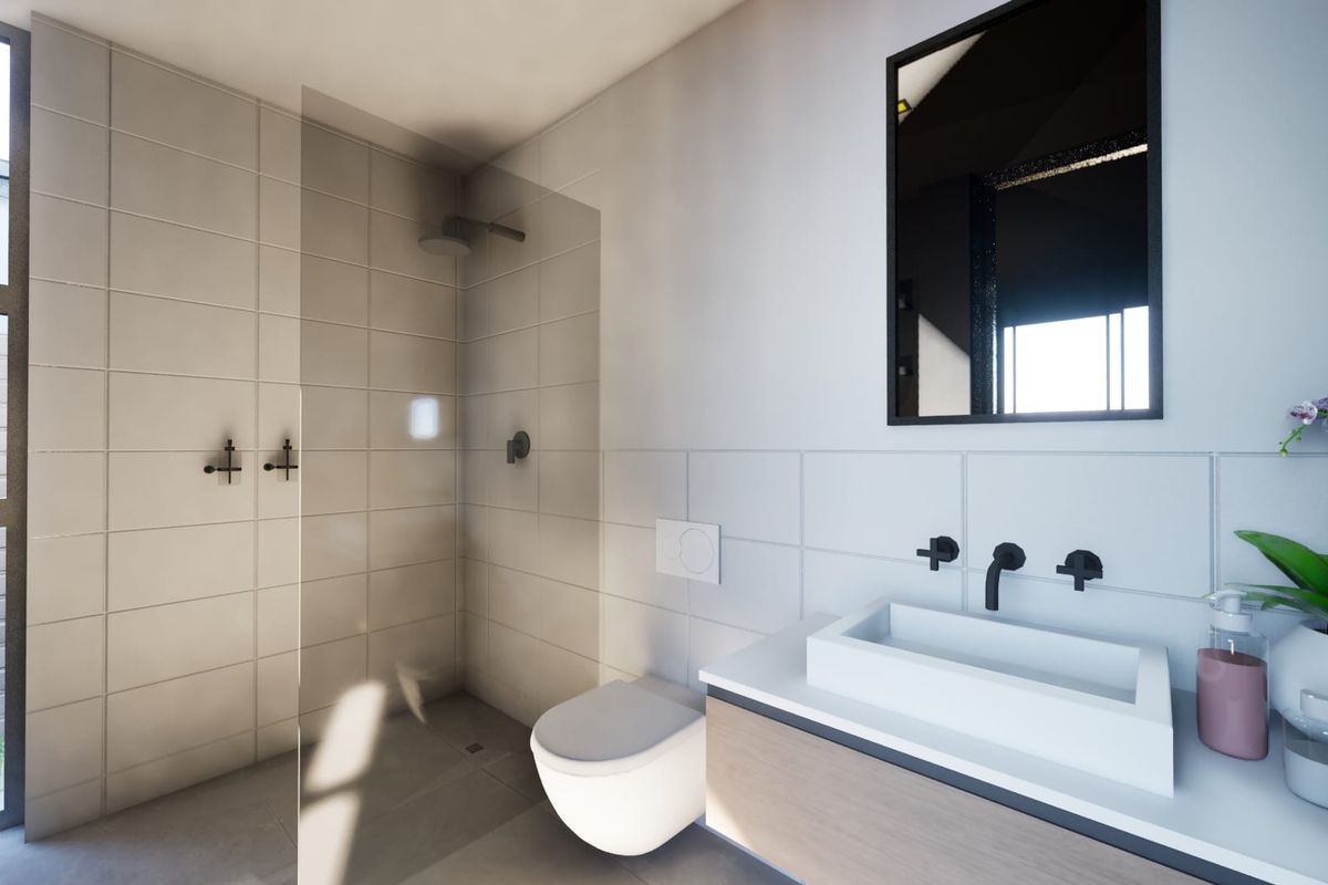Modern bathroom featuring a walk-in shower, wall-mounted toilet, and a sleek vanity with a vessel sink and contemporary black matte fixtures.