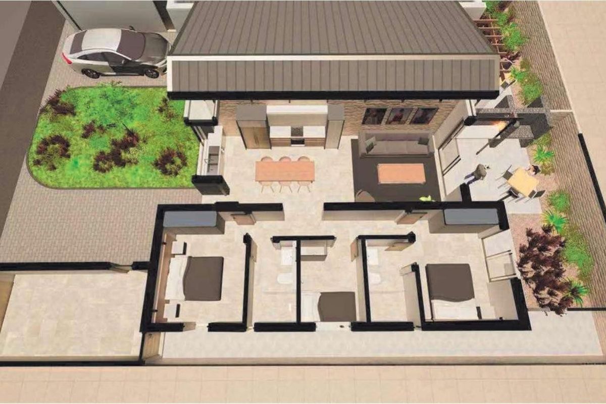 A 3D floor plan rendering of a townhouse featuring an open-plan living area, kitchen, three bedrooms, two bathrooms, a garage, and outdoor garden space.