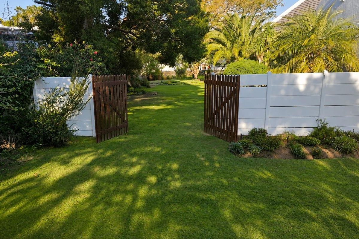 A well-maintained residential garden featuring a lush green lawn, mature trees, and a white vinyl fence with a wooden gate entrance.