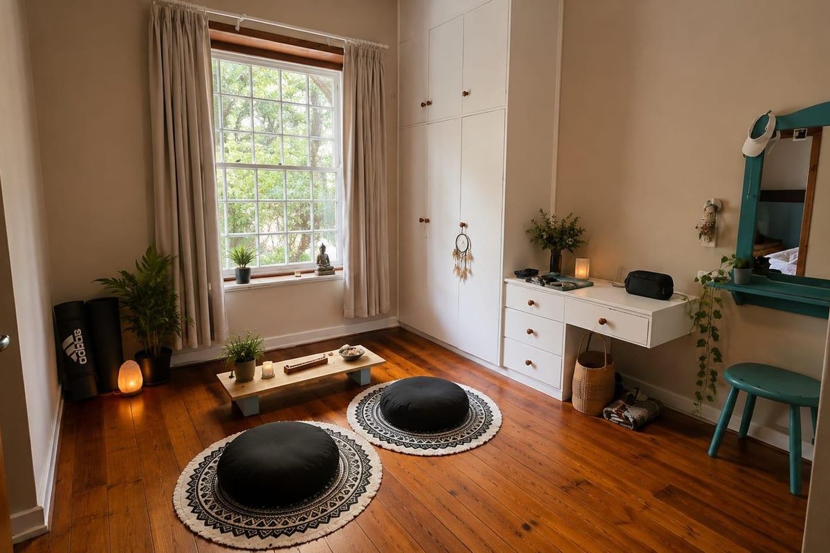 A cozy bedroom featuring warm timber flooring, built-in storage cupboards, and a large sash window providing natural light.