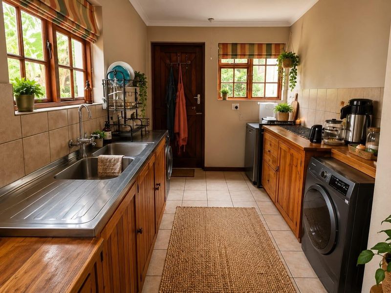 A functional laundry room featuring wooden cabinetry, a double stainless steel sink, tiled flooring, and ample space for laundry appliances.