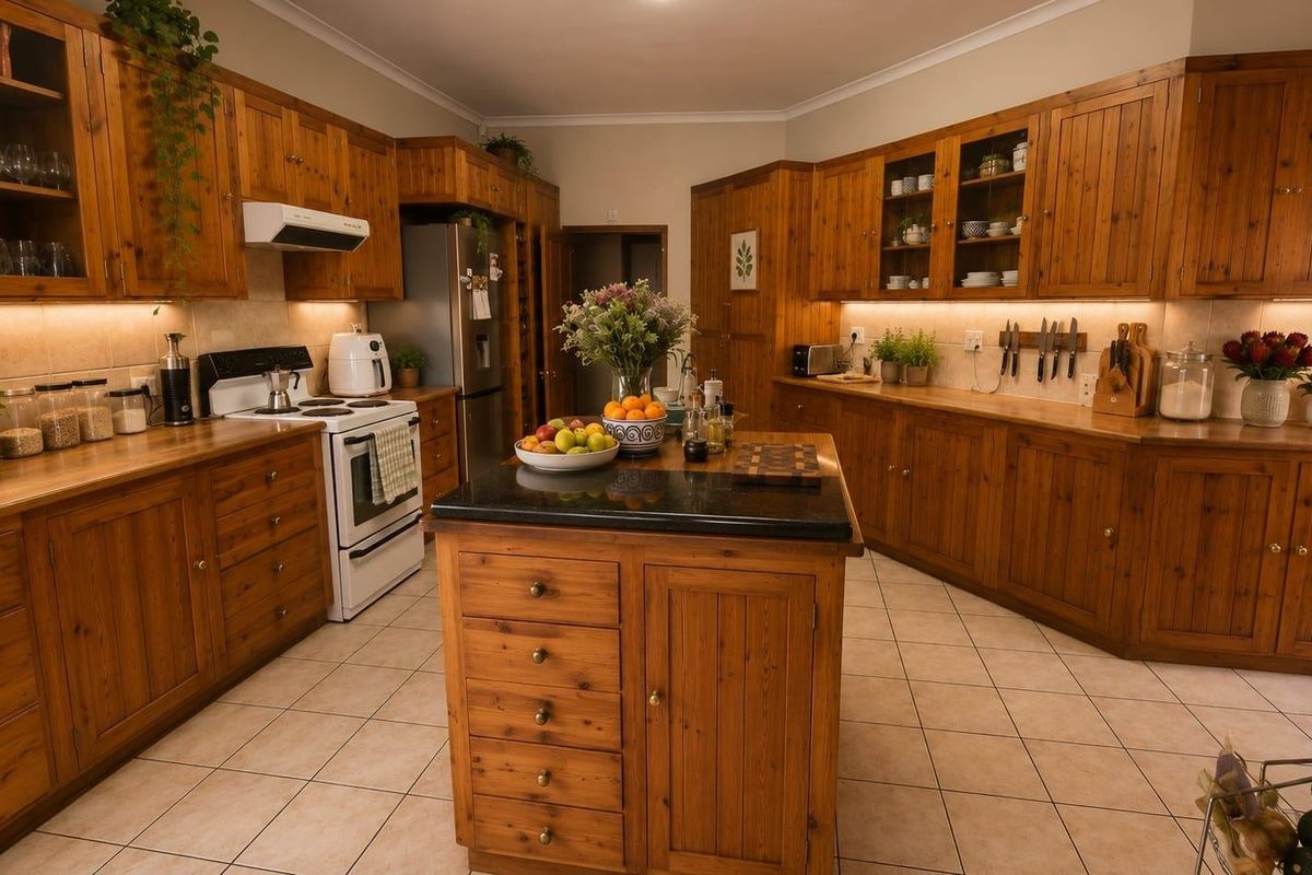 A spacious kitchen featuring extensive wooden cabinetry, a central stone-topped island, tiled flooring, and integrated under-cabinet lighting for a warm, functional workspace.
