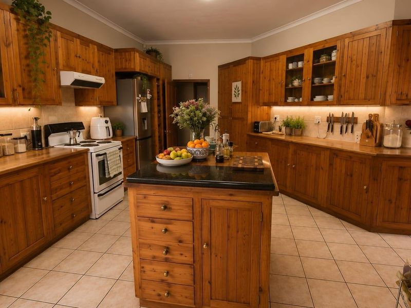 A spacious kitchen featuring extensive wooden cabinetry, a central stone-topped island, tiled flooring, and integrated under-cabinet lighting for a warm, functional workspace.