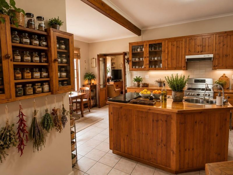 A warm, rustic-style kitchen featuring extensive wooden cabinetry, a central island with a sink, and integrated appliances, flowing into an adjacent living area.