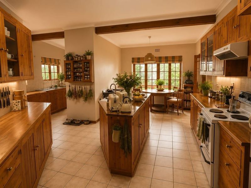 Spacious country-style kitchen featuring extensive wooden cabinetry, a central island, tiled flooring, and exposed ceiling beams, offering a warm and functional cooking space.