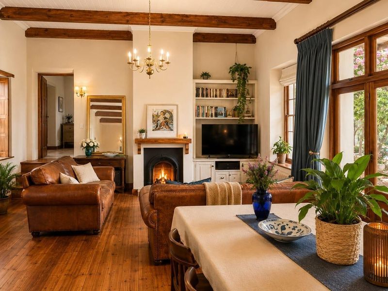 Spacious open-plan living and dining area featuring warm hardwood floors, exposed timber ceiling beams, and a cozy built-in fireplace with direct garden access.