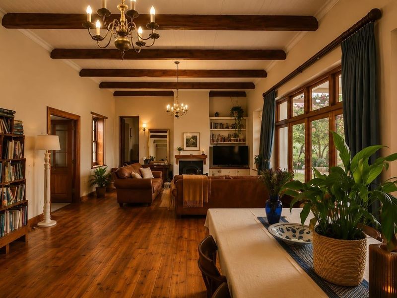 Spacious living room featuring exposed timber ceiling beams, warm hardwood flooring, a built-in fireplace, and large timber-framed windows overlooking the garden.