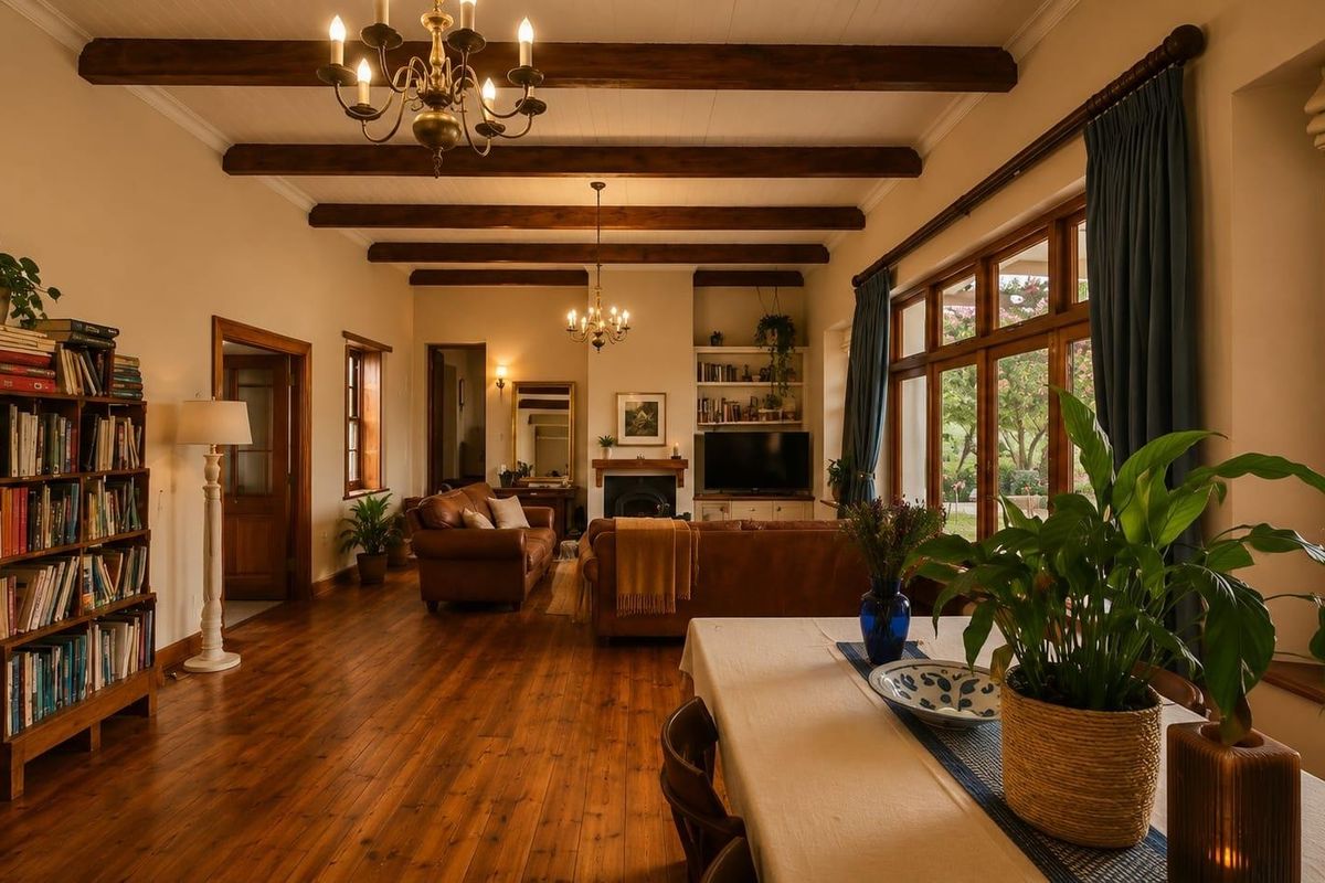 Spacious living room featuring exposed timber ceiling beams, warm hardwood flooring, a built-in fireplace, and large timber-framed windows overlooking the garden.