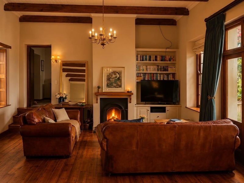 Cozy living room featuring exposed timber ceiling beams, warm timber flooring, a traditional fireplace, and large timber-framed glass doors opening to the garden.