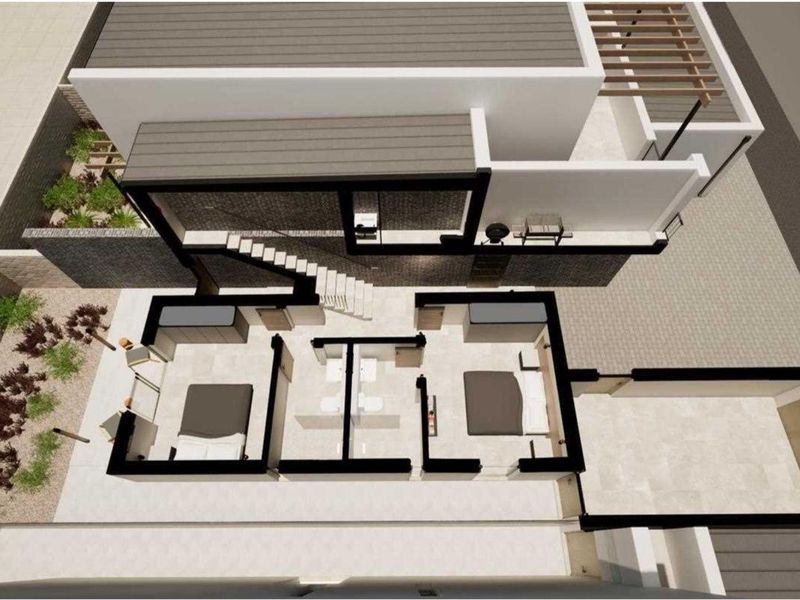 A 3D architectural floor plan rendering showing the layout of the townhouse, including bedrooms, bathrooms, and outdoor living spaces.