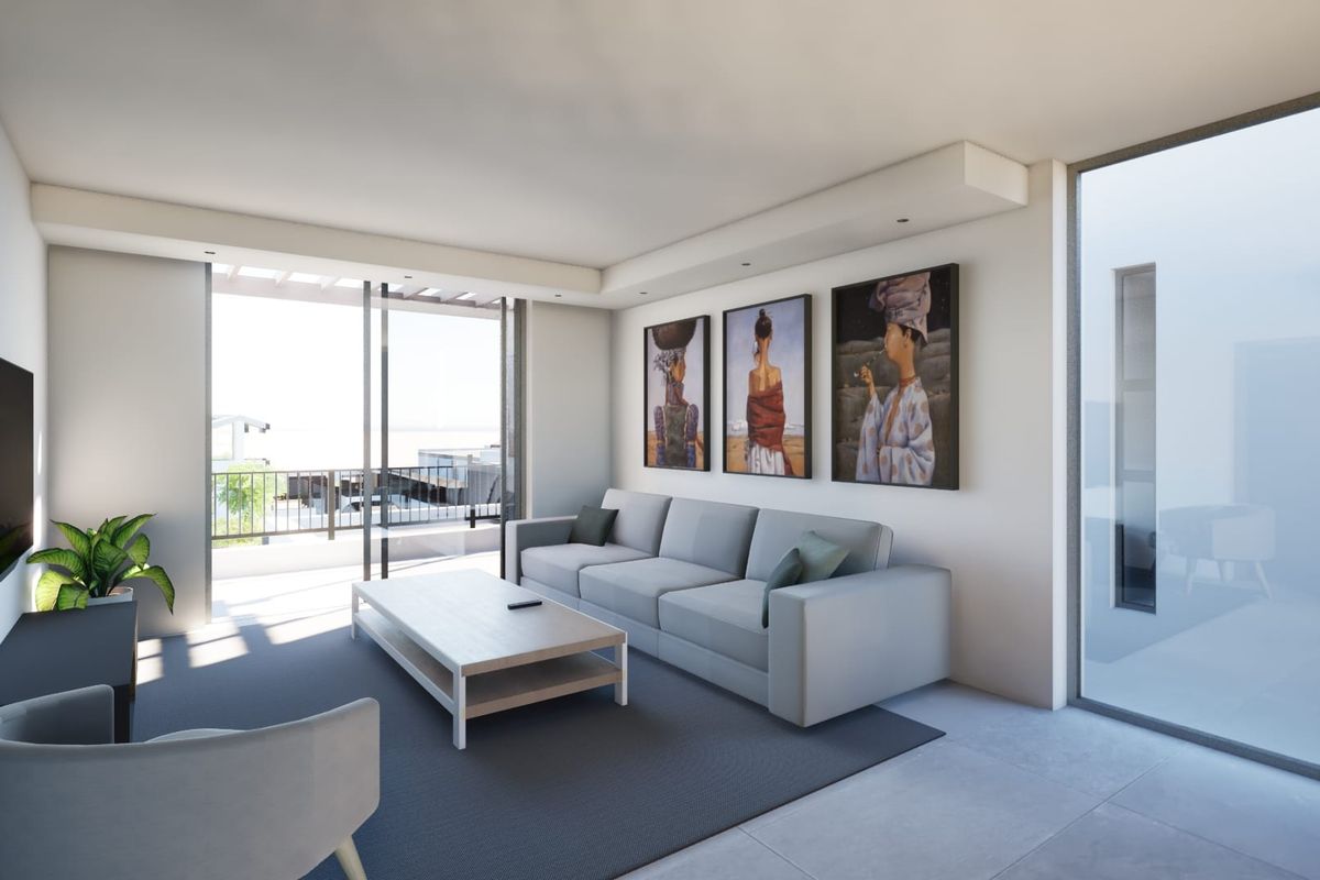 Modern living room featuring recessed lighting, large sliding glass doors leading to a balcony, and neutral tiled flooring.
