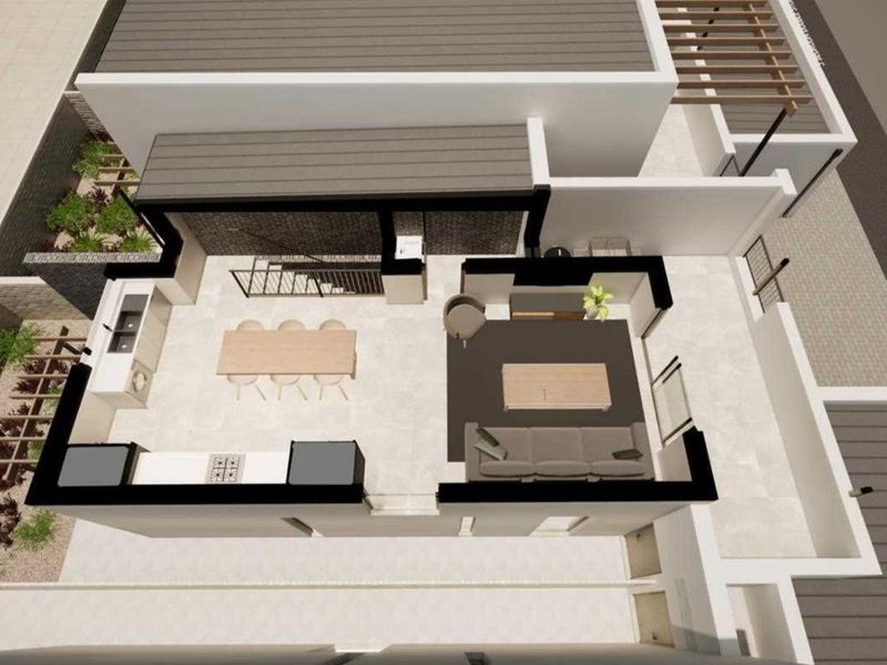A 3D architectural floor plan rendering showing the open-plan living, dining, and kitchen layout of the townhouse.