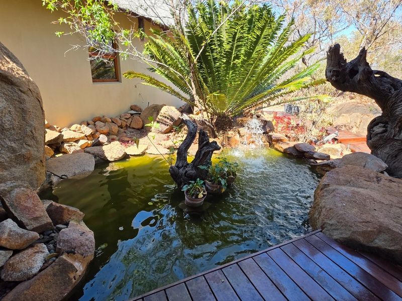 A tranquil outdoor water feature and pond area integrated with natural rock landscaping and timber decking.