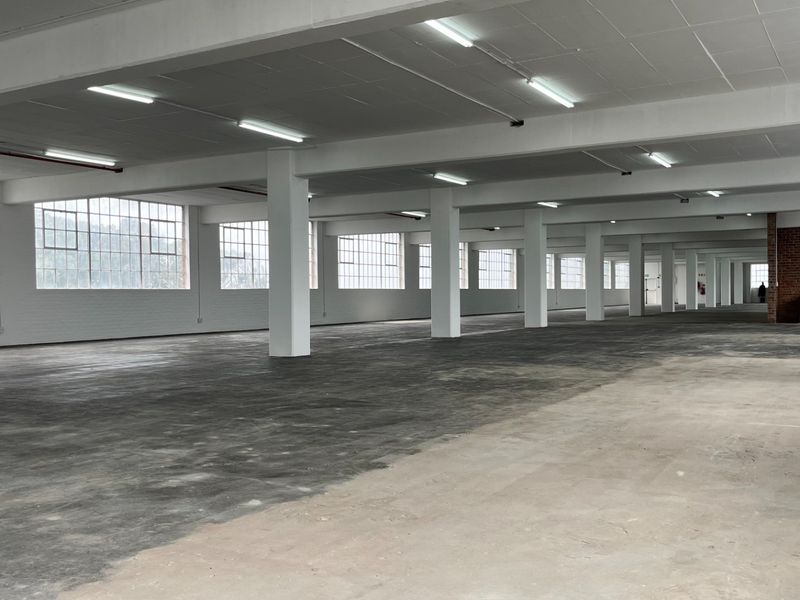 Expansive open-plan industrial warehouse space featuring high ceilings, abundant natural light from steel-framed windows, concrete flooring, and a dedicated sink area.