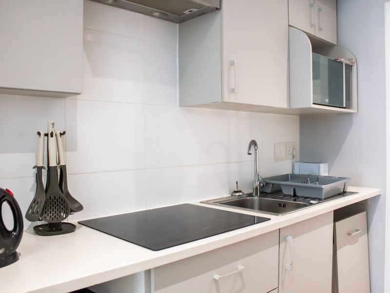 A compact, modern kitchen featuring light-toned cabinetry, a sleek electric hob, integrated extractor fan, and a stainless steel sink with tiled splashback.