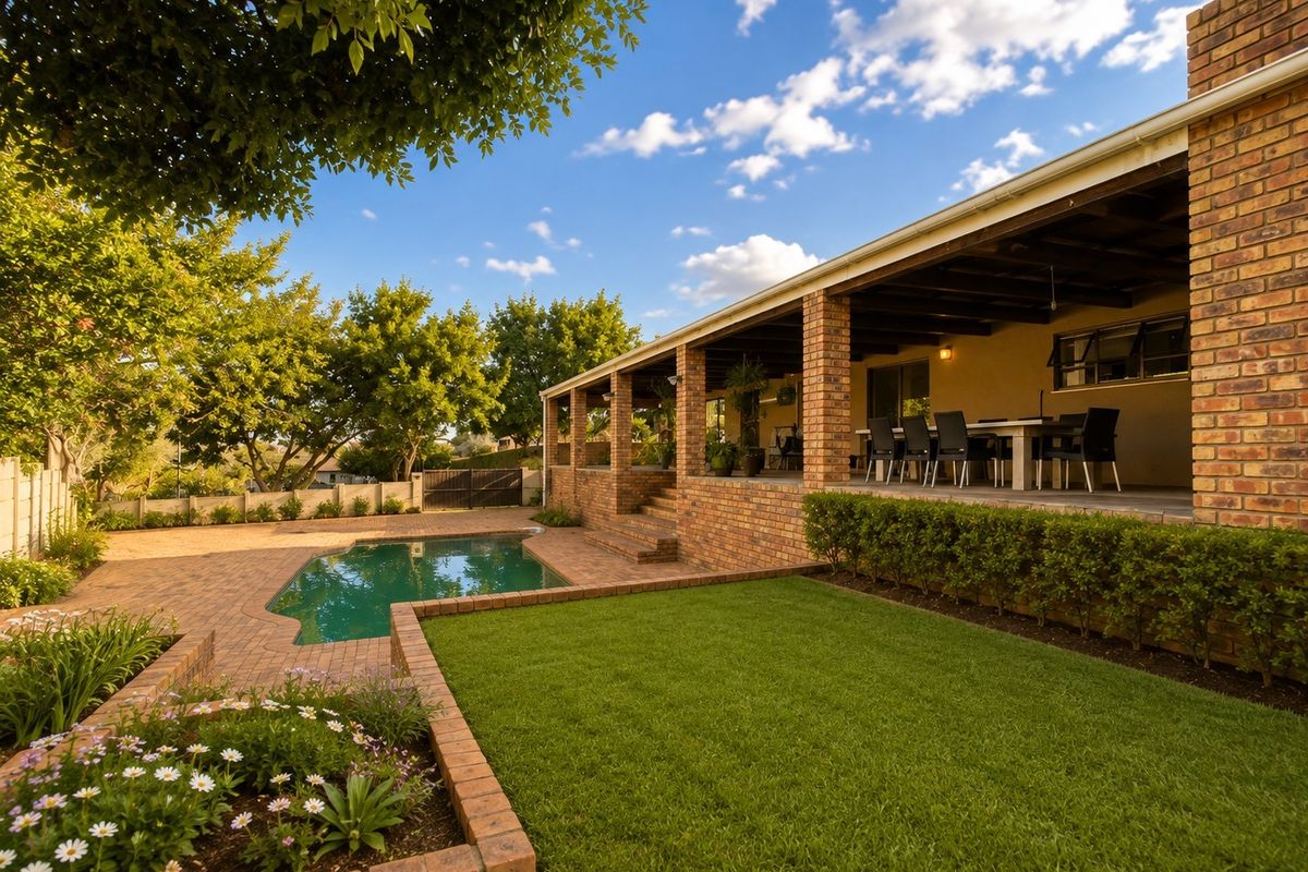 Spacious rear exterior featuring a covered brick patio, swimming pool, and well-maintained garden area, ideal for outdoor entertaining.