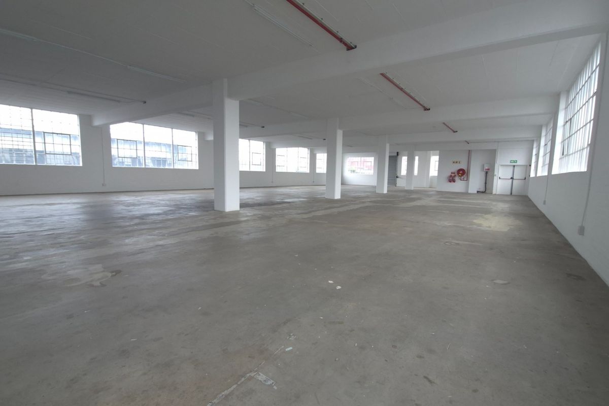 Expansive open-plan industrial warehouse space featuring polished concrete floors, large steel-framed windows, and exposed fire safety infrastructure.