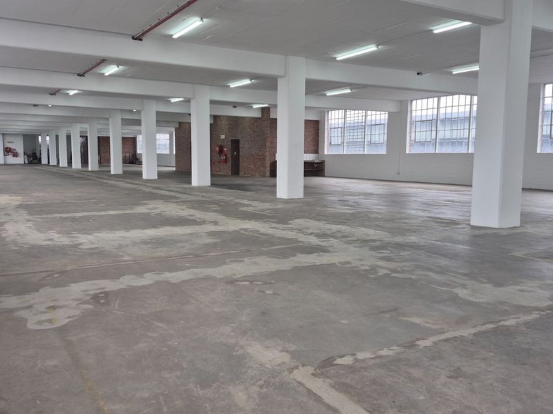 Expansive industrial warehouse space featuring high ceilings, concrete flooring, exposed structural columns, and large multi-pane windows providing ample natural light.