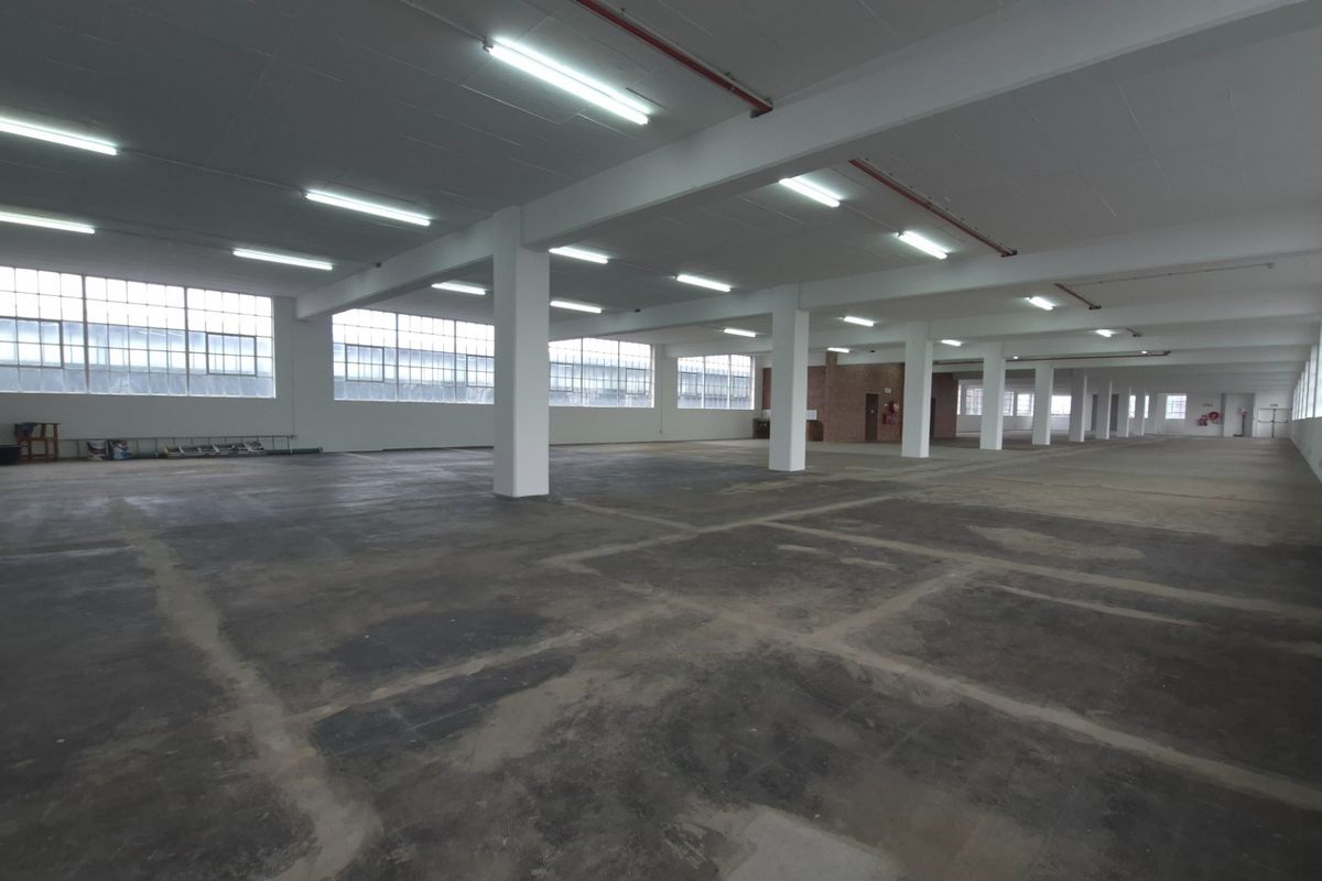 A large, open-plan industrial warehouse space featuring concrete flooring, high ceilings with fluorescent lighting, and expansive steel-framed windows providing ample natural light.
