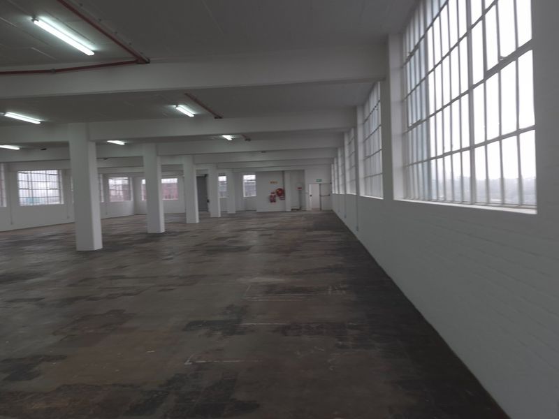 A large, open-plan industrial warehouse space featuring high ceilings, expansive steel-framed windows, concrete flooring, and functional overhead lighting.