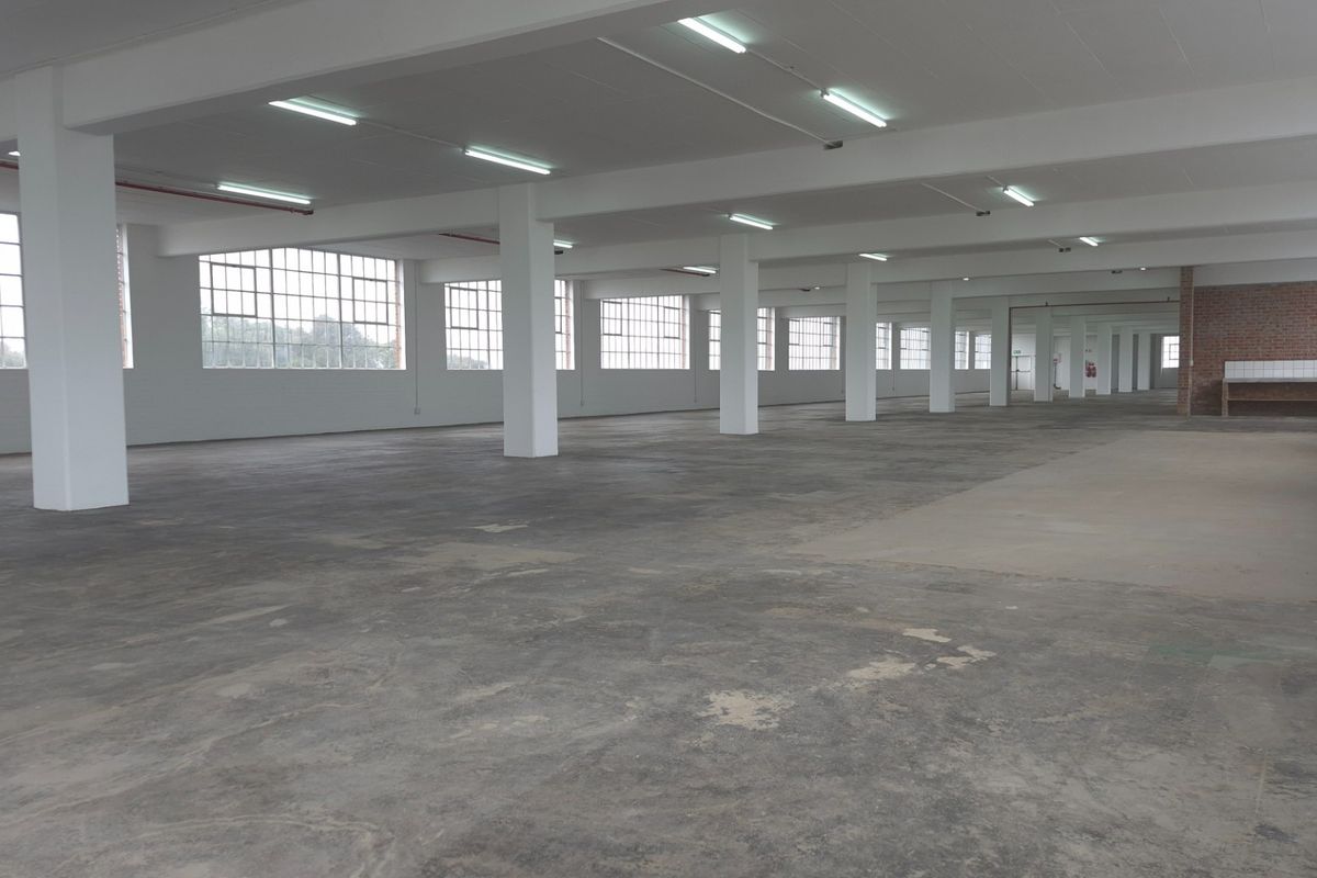 Expansive open-plan industrial warehouse space featuring high ceilings, abundant natural light through steel-framed windows, concrete flooring, and a dedicated utility sink area.