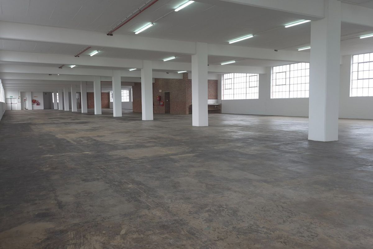 Expansive industrial warehouse space featuring high ceilings, large windows for natural light, exposed structural columns, and durable concrete flooring.