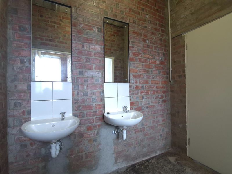 Industrial style bathroom featuring exposed brick walls, dual wall-mounted basins with mirrors, and unfinished flooring, offering a raw aesthetic.