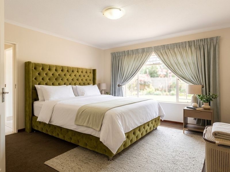 A well-maintained bedroom featuring neutral wall tones, carpeted flooring, and a large window allowing for natural light.