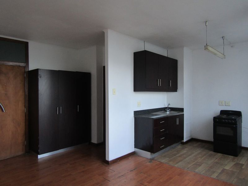 Open plan living area featuring a compact kitchenette with dark cabinetry, a sink, and a freestanding stove, complemented by laminate flooring throughout.
