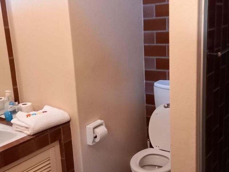 A functional bathroom featuring a vanity basin, toilet, and a tiled shower enclosure with a classic layout.