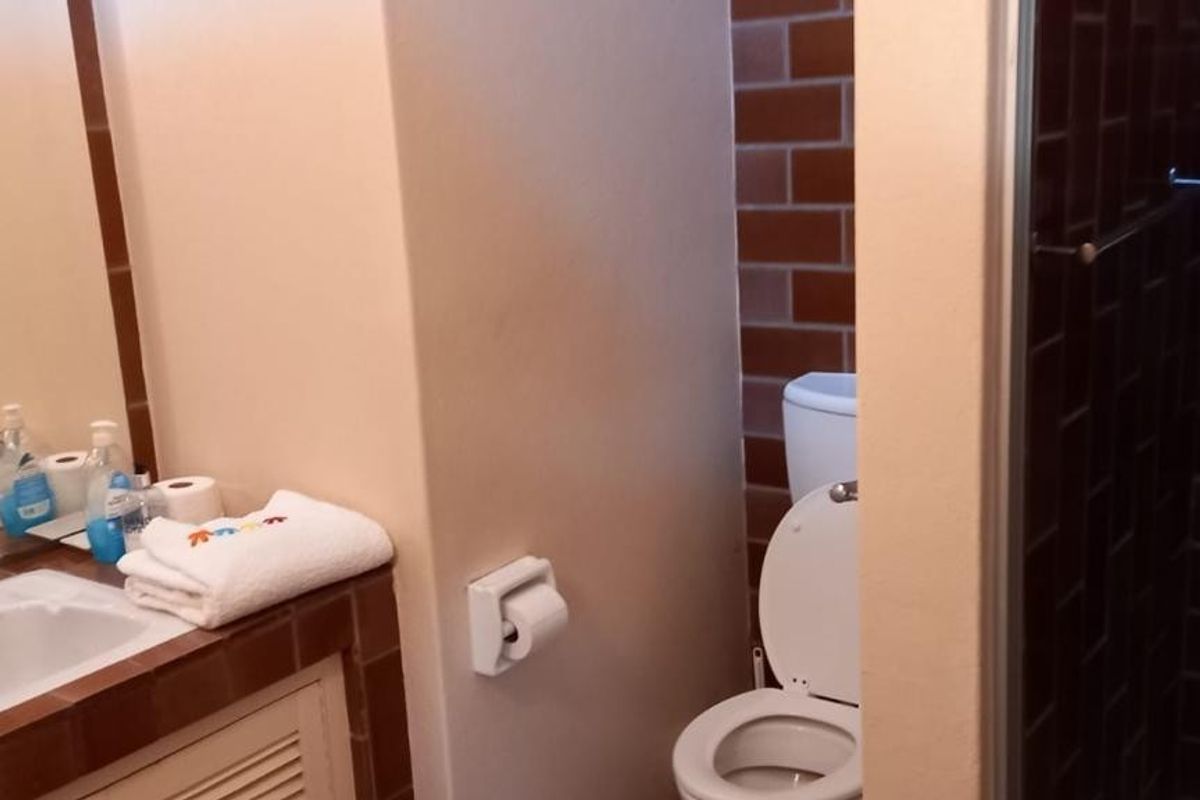 A functional bathroom featuring a vanity basin, toilet, and a tiled shower enclosure with a classic layout.
