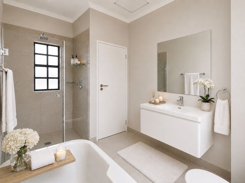 Modern bathroom featuring a wall-mounted vanity with integrated basin, a spacious glass-enclosed shower, and neutral tiling throughout.