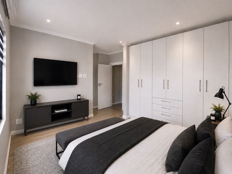 A modern, well-maintained bedroom featuring extensive built-in cupboards, neutral wall finishes, recessed downlighting, and light-toned laminate flooring.
