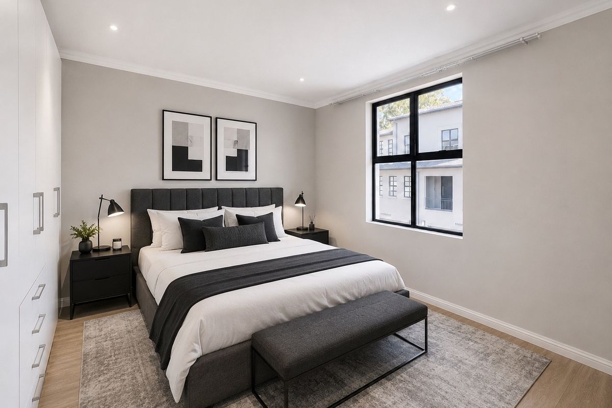 A well-maintained bedroom featuring neutral walls, laminate flooring, recessed downlighting, and a large built-in wardrobe with a black-framed window.