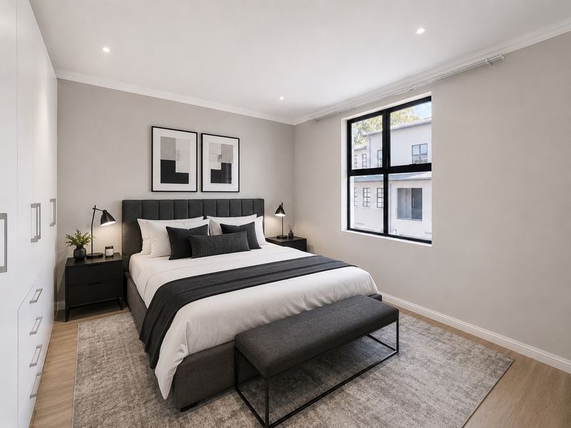 A well-maintained bedroom featuring neutral walls, laminate flooring, recessed downlighting, and a large built-in wardrobe with a black-framed window.