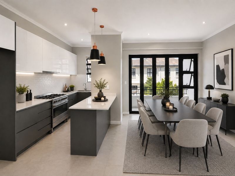 Modern open-plan kitchen and dining area featuring sleek cabinetry, stone countertops, gas stove, and bi-fold doors leading to a balcony.