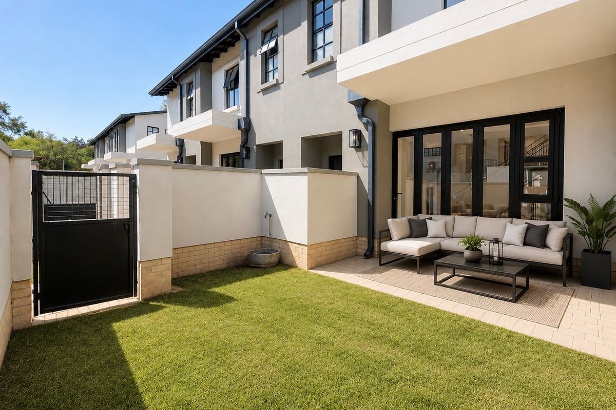 A well-maintained rear garden featuring a paved patio area, manicured lawn, and secure boundary wall with access gate, adjacent to the main building structure.