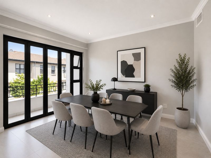 A bright and modern dining room featuring tiled floors, recessed lighting, and black aluminum folding doors that open onto a balcony.