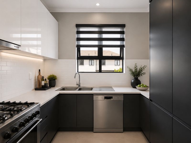 Modern kitchen featuring high-contrast cabinetry, quartz countertops, subway tile backsplash, integrated dishwasher, and a professional-style gas range with extractor fan.