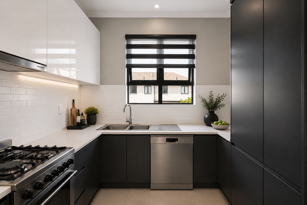 Modern kitchen featuring high-contrast cabinetry, quartz countertops, subway tile backsplash, integrated dishwasher, and a professional-style gas range with extractor fan.