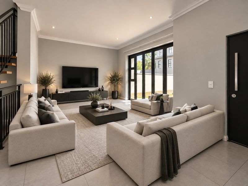 Spacious, modern living room featuring neutral tones, tiled flooring, recessed lighting, and large black-framed glass doors leading to the exterior.
