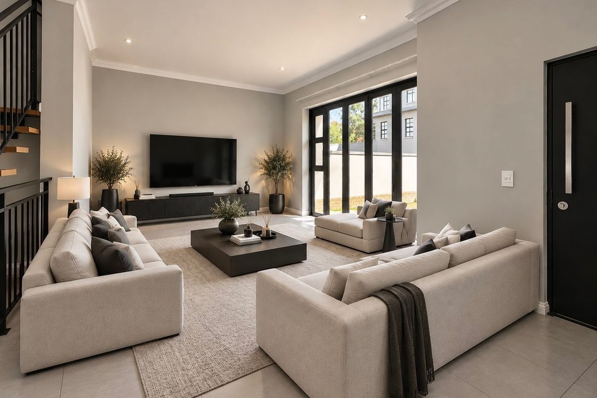 Spacious, modern living room featuring neutral tones, tiled flooring, recessed lighting, and large black-framed glass doors leading to the exterior.