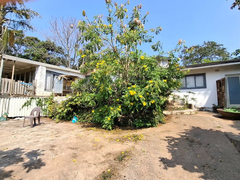 Rear exterior view of the property featuring a concrete patio area, covered veranda, and established garden landscaping.
