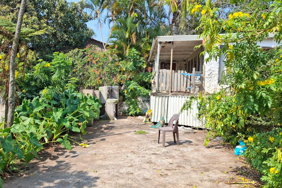 Rear exterior view featuring a concrete patio area, a built-in braai, and a covered veranda with timber balustrades, surrounded by established garden foliage.