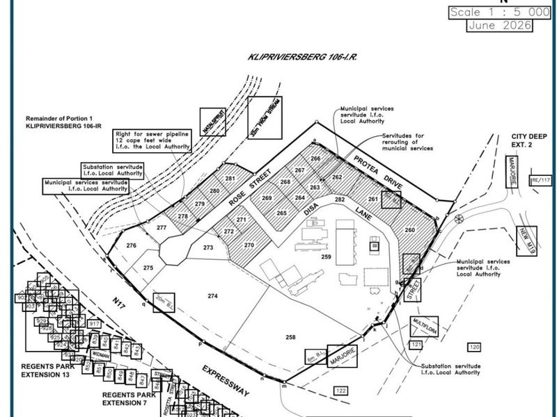 A detailed cadastral layout plan for City Deep Extension 29, showing erf boundaries, street names, and municipal service servitudes.